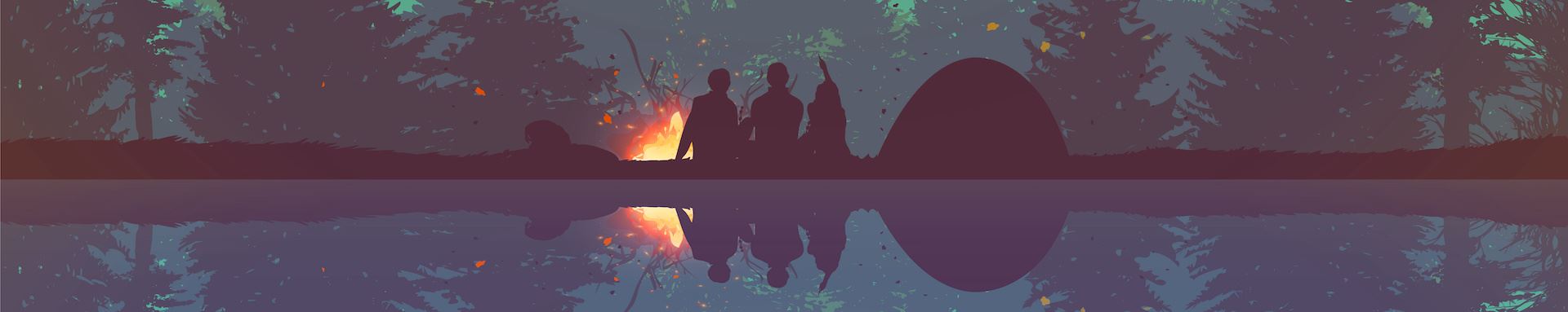 Silhouettes of people camping in a forest